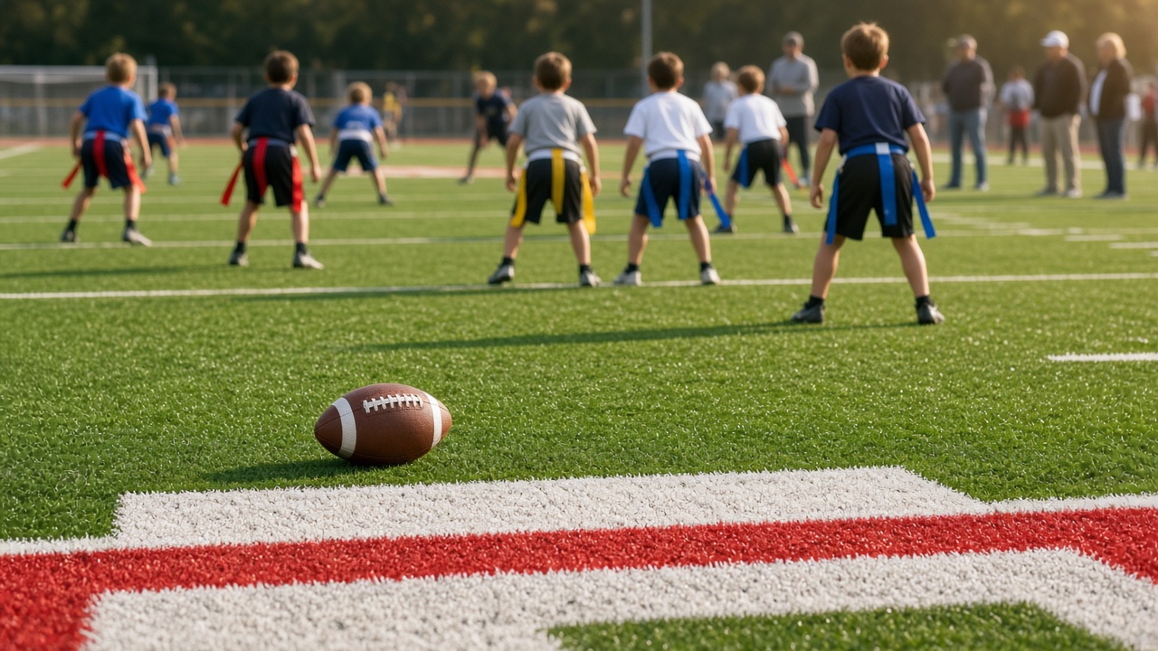 Youth flag football field on a Saturday morning with colorful flags, a football on the turf, and families on the distant sideline