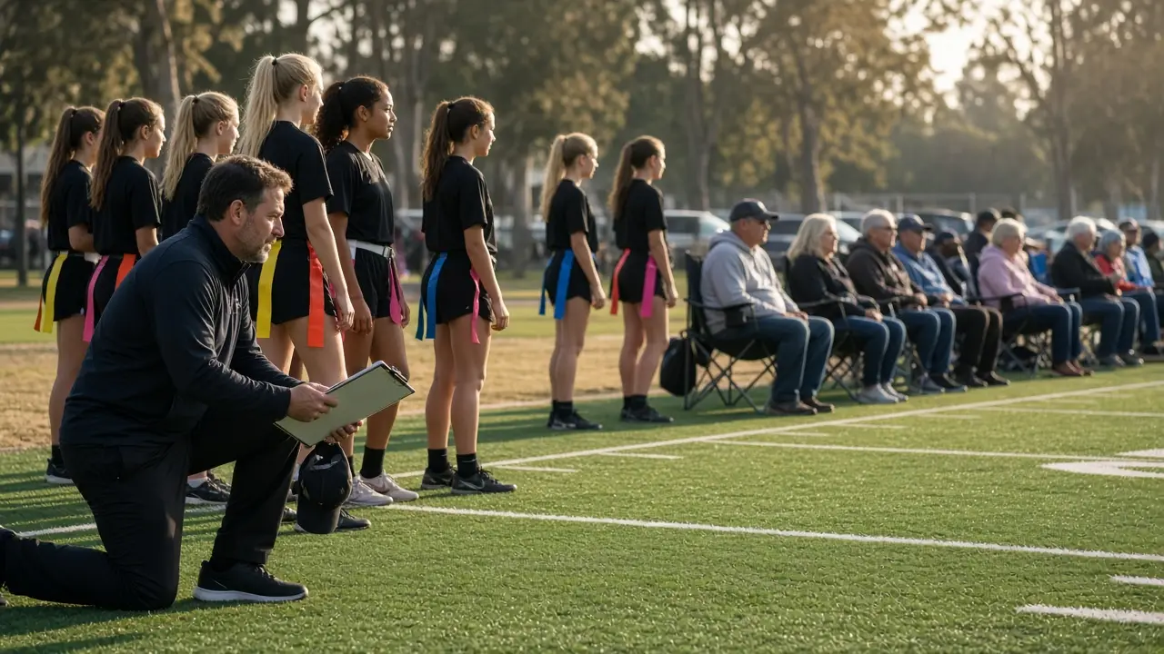 A coach with a clipboard talking to girls flag football players on the sideline while parents watch