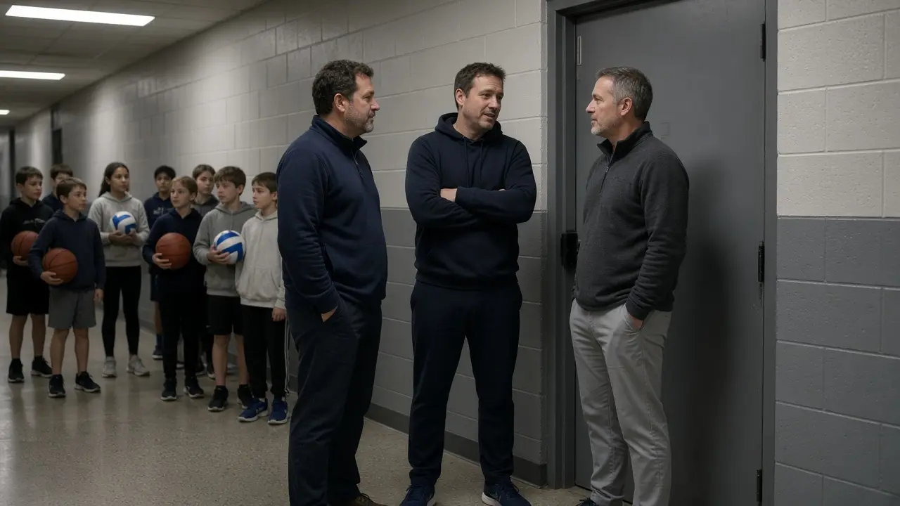 Coaches and parents talking in a school hallway while kids wait with basketballs and volleyballs