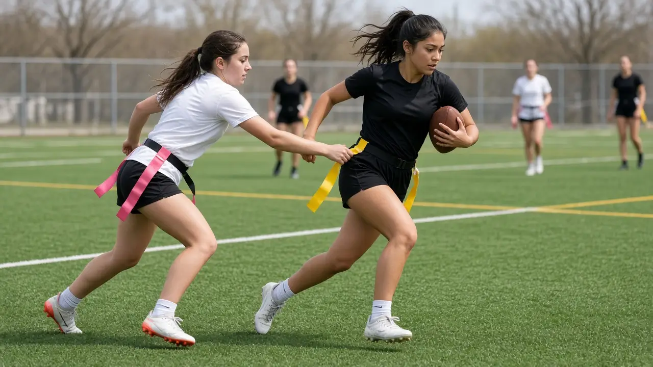 Two girls flag football players contesting a flag belt during a daytime game on green turf