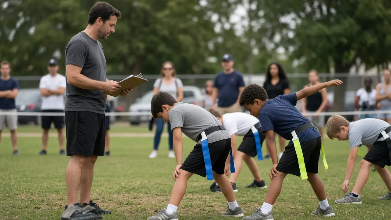 A volunteer coach with a clipboard beside kids in flag belts on a community field