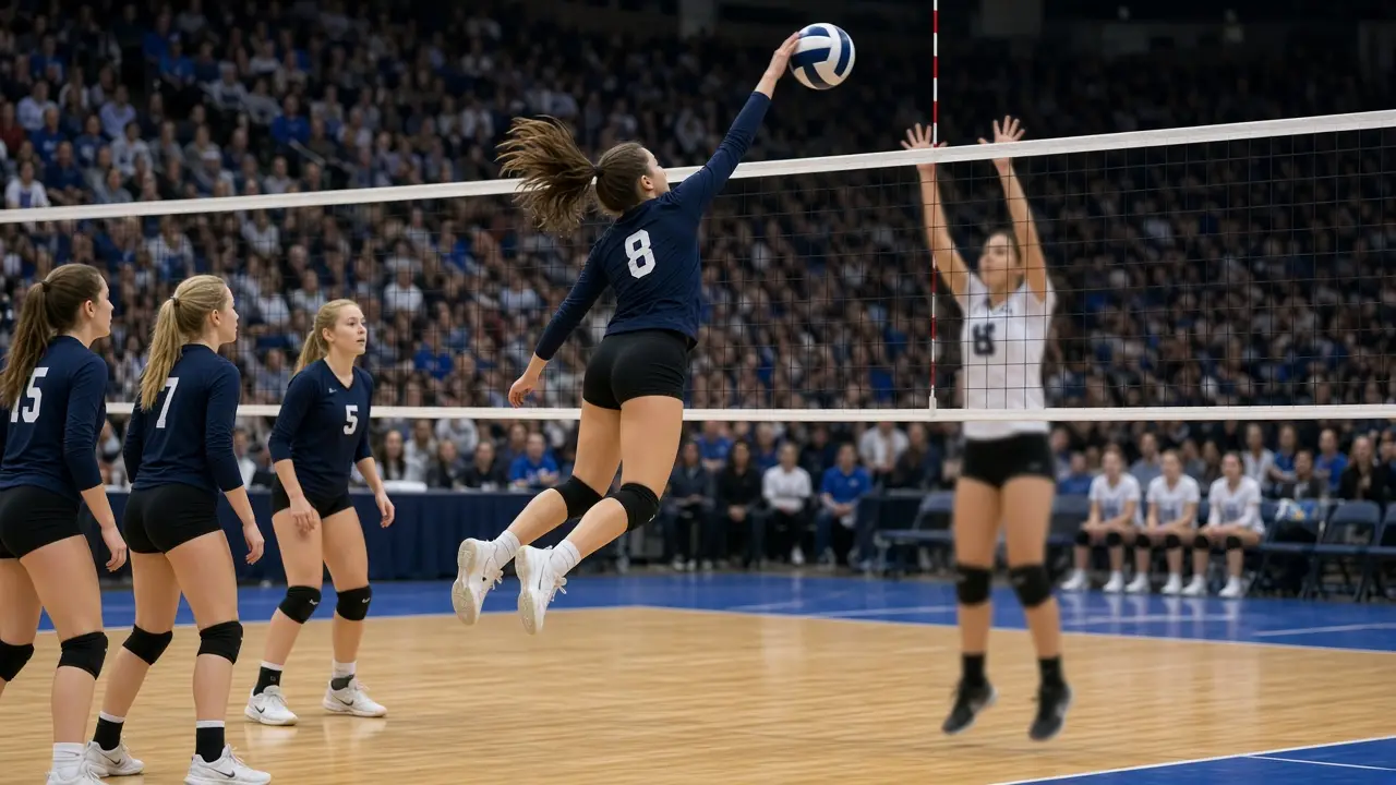 A girls volleyball hitter at the net during an indoor match with teammates and a crowd behind her