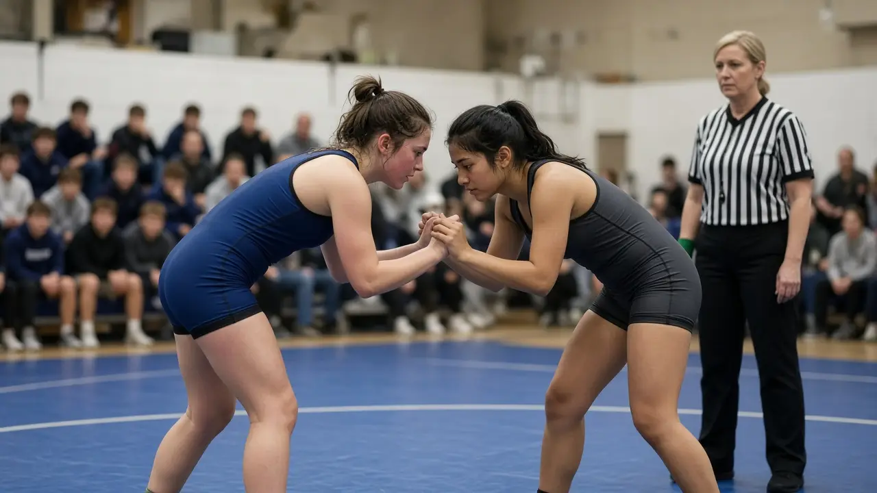 Two high school wrestlers in a neutral stance on a mat inside a bright gym