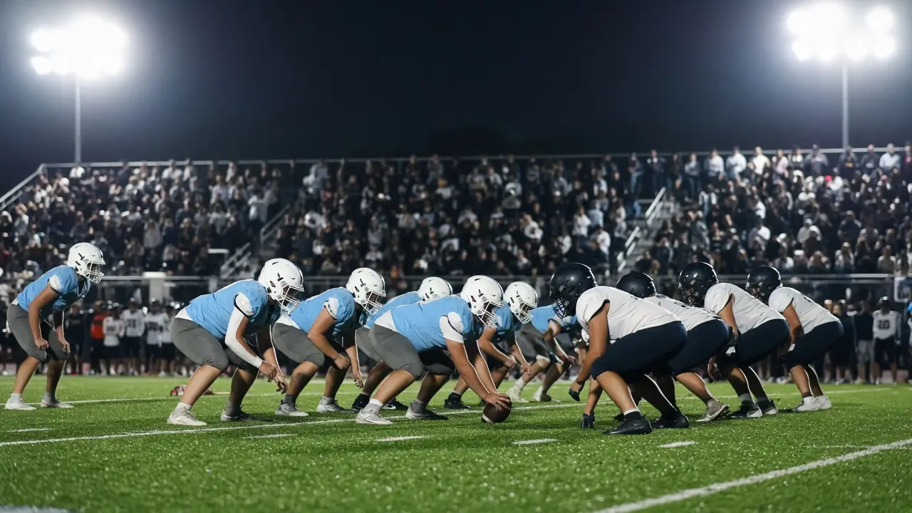 High school football teams lined up under stadium lights at night with a blurred crowd in the stands