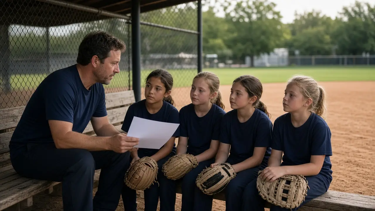 A volunteer coach with a lineup card beside kids sitting in a youth softball dugout