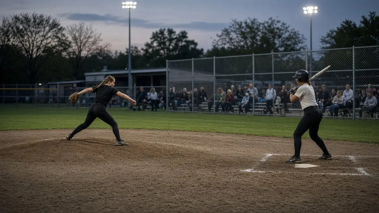 A high school softball pitcher mid-delivery under field lights with a batter waiting at home plate