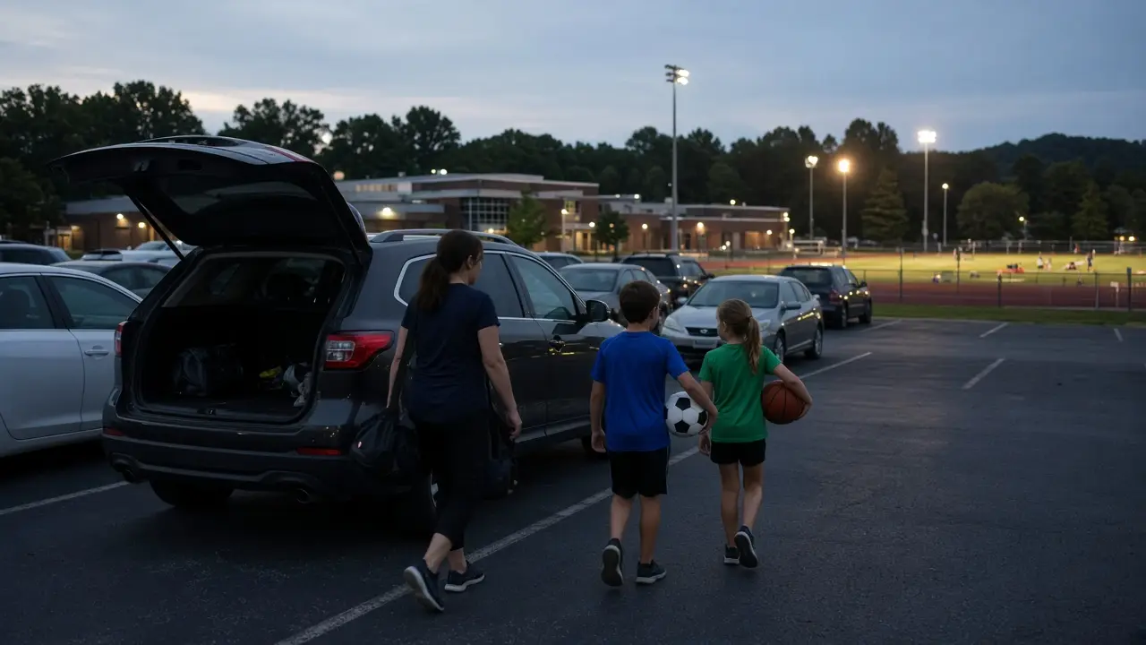 A parent and two children leaving a car on a weekday, one with a soccer ball and one with a basketball