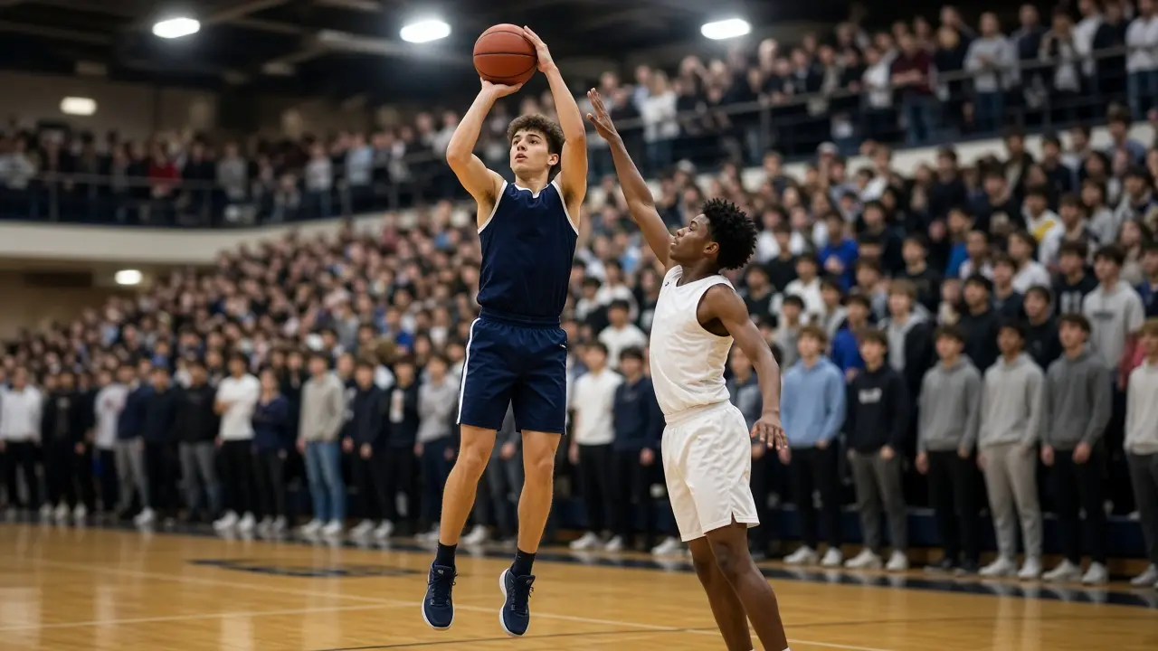 A high school basketball player rising for a jump shot in a crowded gym under bright overhead lights