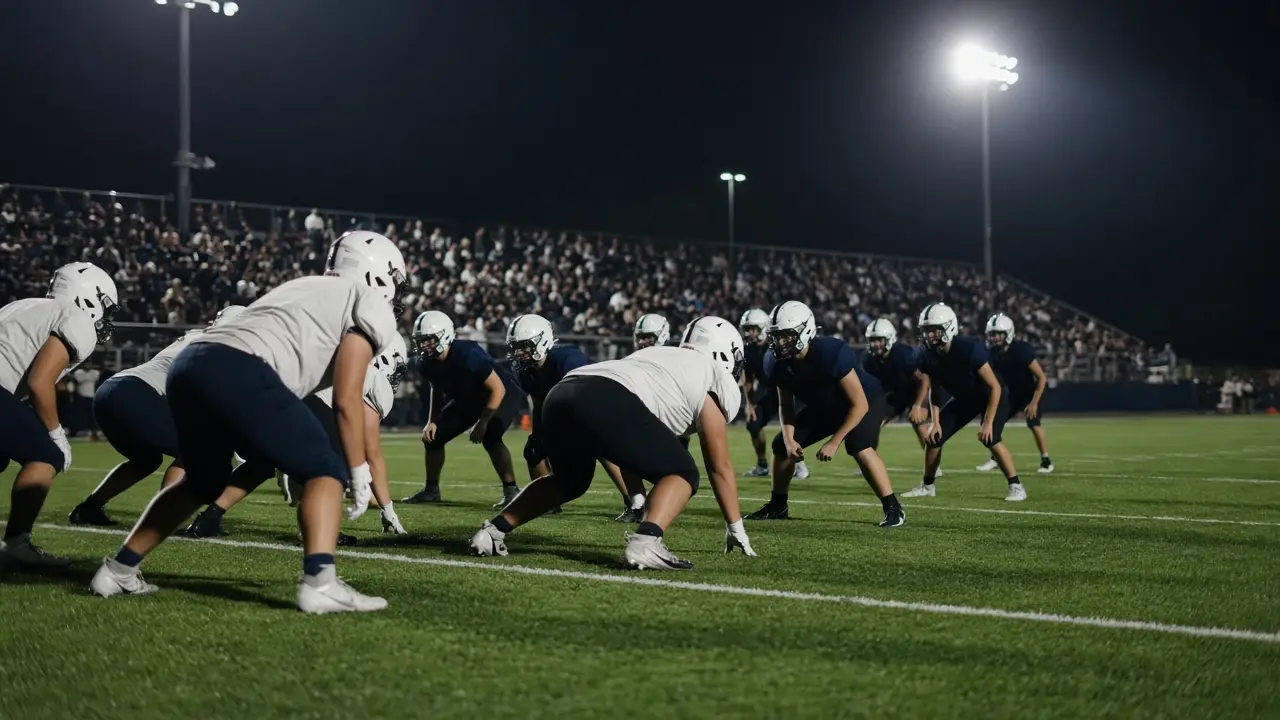 Two high school football teams lined up under stadium lights at night