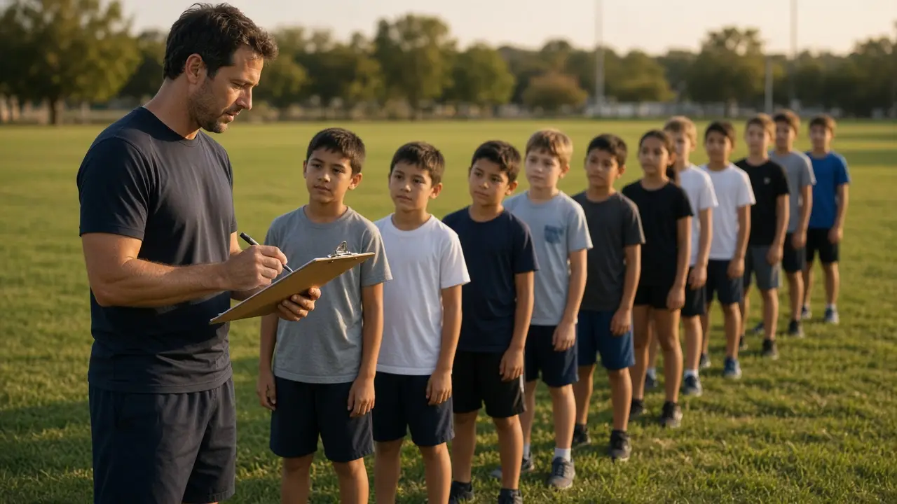 A volunteer coach with a clipboard beside kids lined up for a flag-football practice