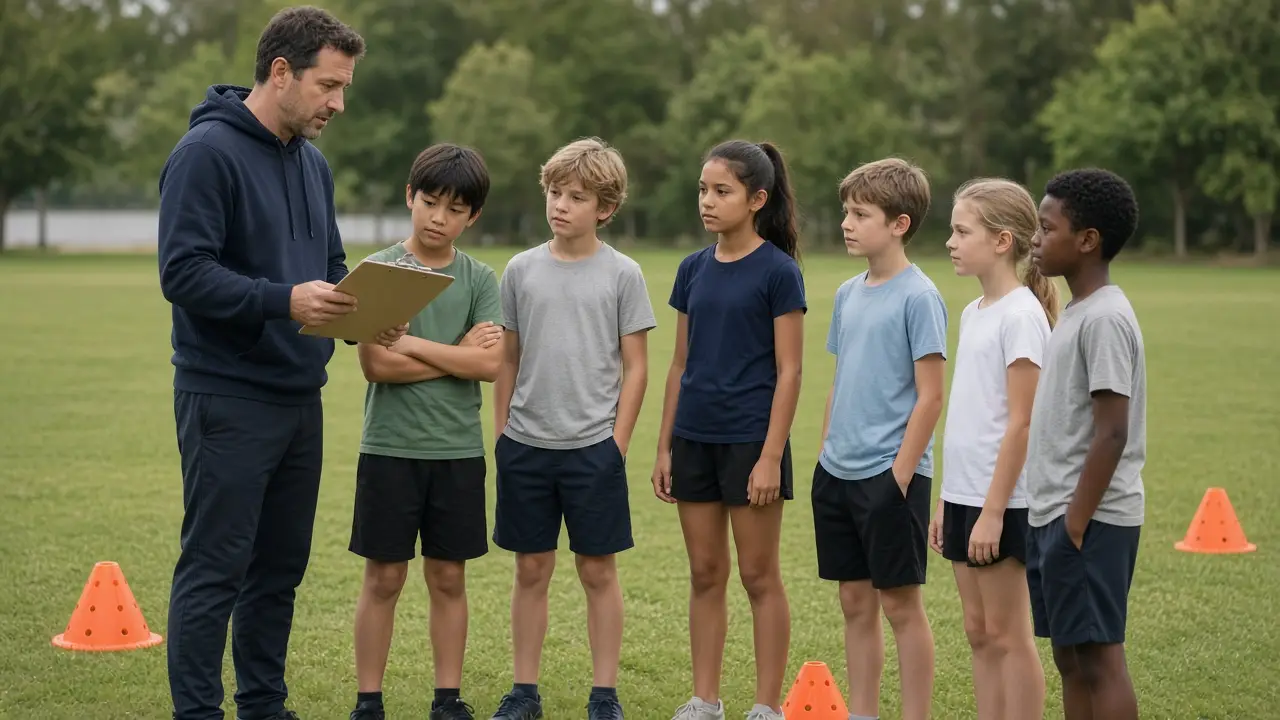 A volunteer coach with a clipboard beside kids at a youth soccer practice
