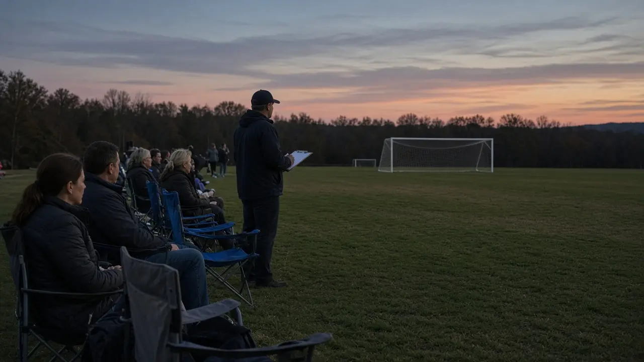 A youth soccer coach with a clipboard on the sideline while parents watch from folding chairs