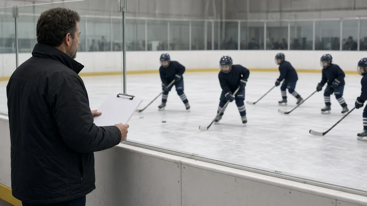 A volunteer coach with a clipboard at the bench while kids skate a youth hockey practice