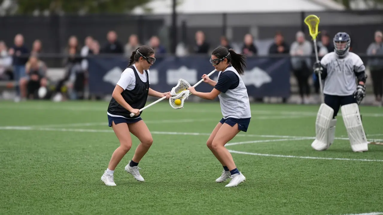 Two lacrosse players contest a ball in front of a goalie on a stadium turf field