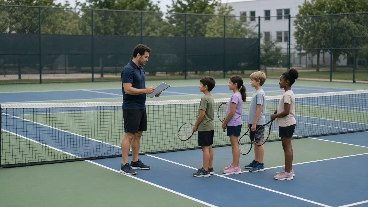 A volunteer coach with a clipboard beside kids holding racquets at a youth tennis practice