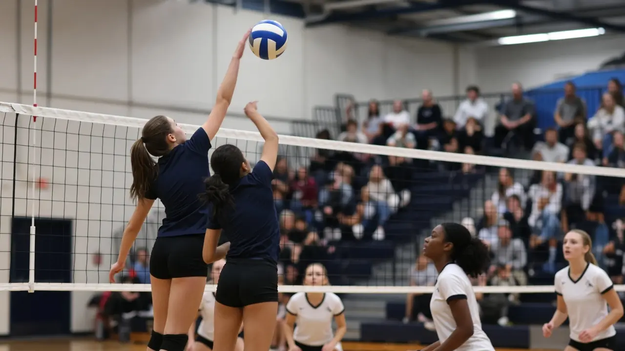 Two volleyball players jumping at the net during an indoor match