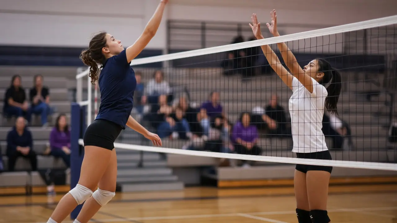 A volleyball player jumping at the net during an indoor match