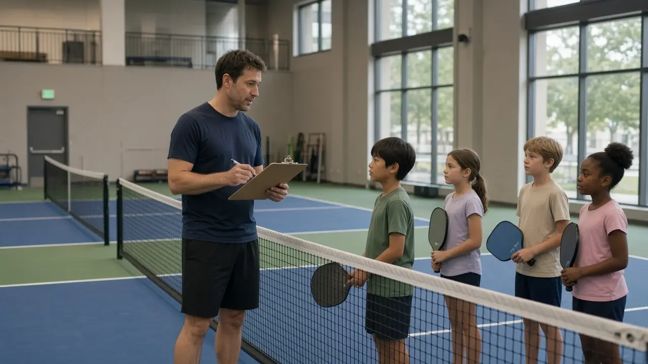 A volunteer coach with a clipboard beside kids holding paddles at a youth pickleball practice
