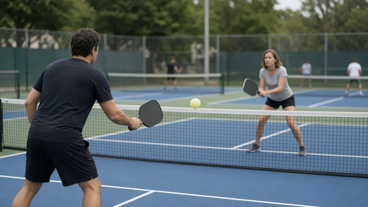 Two pickleball players rally at the net on an outdoor court