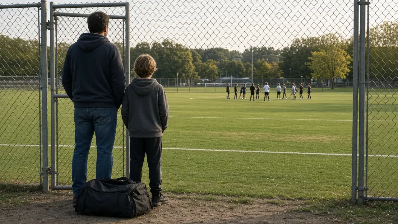 A parent and child at a chain-link gate looking across a field where another youth team is already warming up