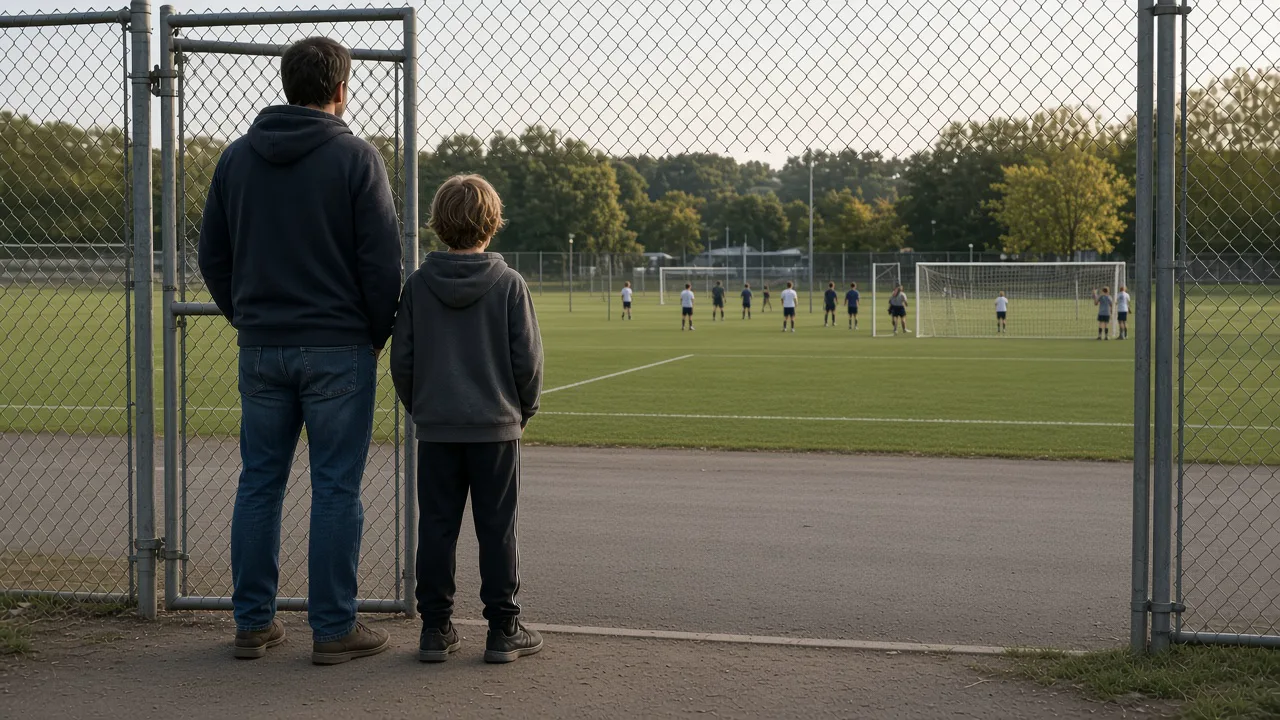 A parent and child at a chain-link gate looking toward a youth field while another game gathers farther away