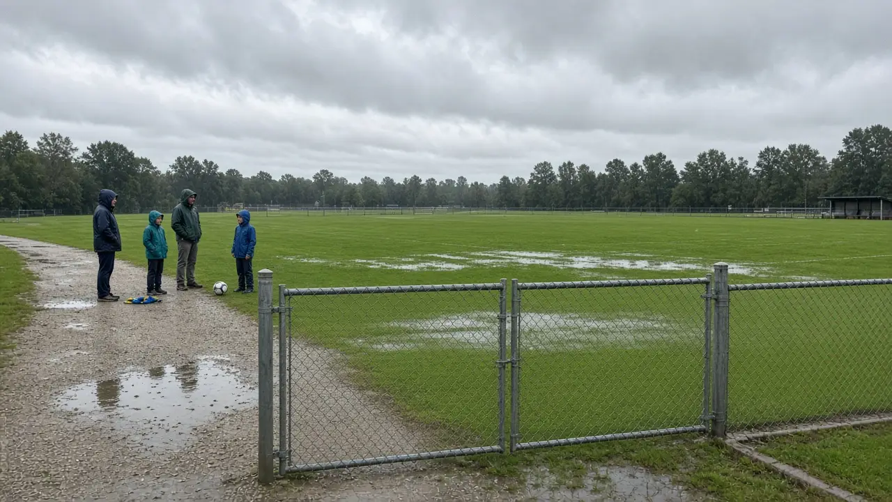 Families in rain jackets standing at a closed gate beside a wet, empty youth sports field