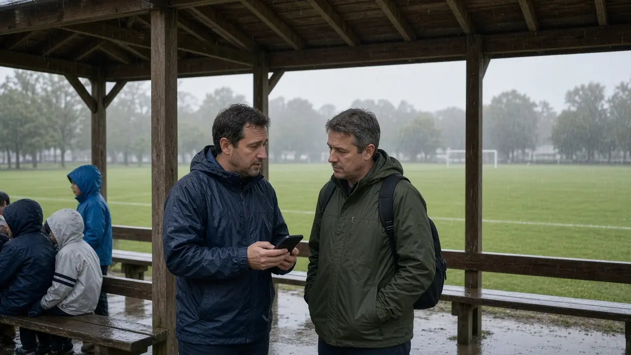 A coach and a parent under a park shelter in the rain, with an empty wet field behind them