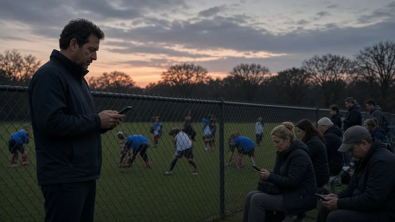 A coach on a field sideline using a phone while parents beyond the fence look at their own phones