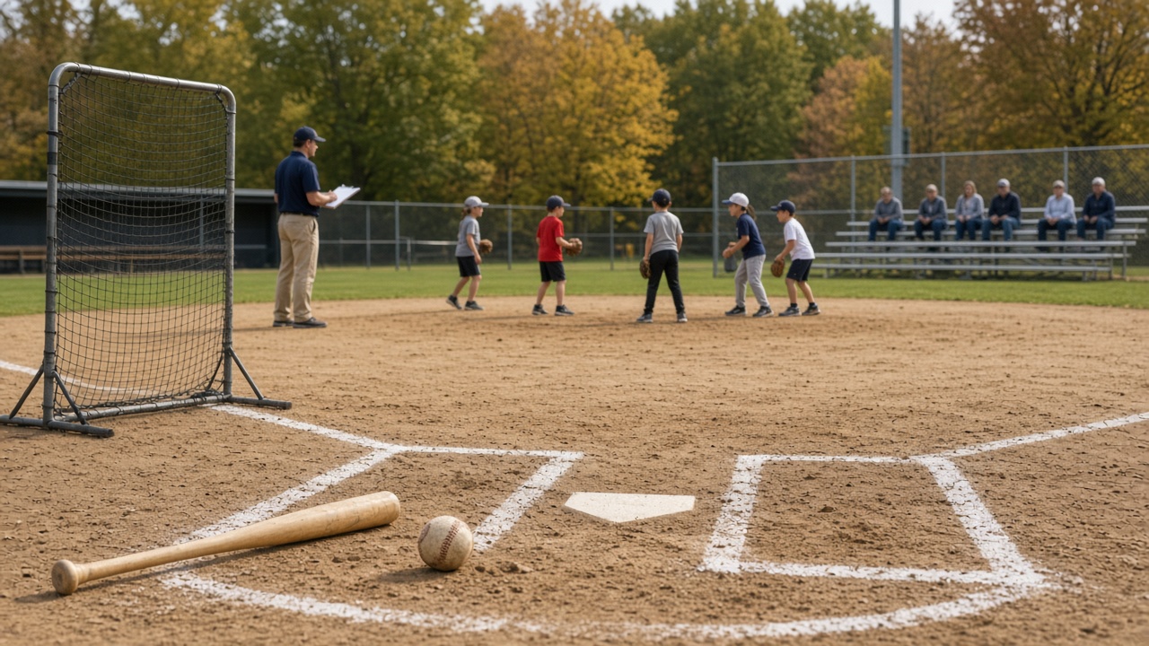 Kids warming up on a rec baseball diamond while a volunteer coach checks the night’s field assignment near the dugout