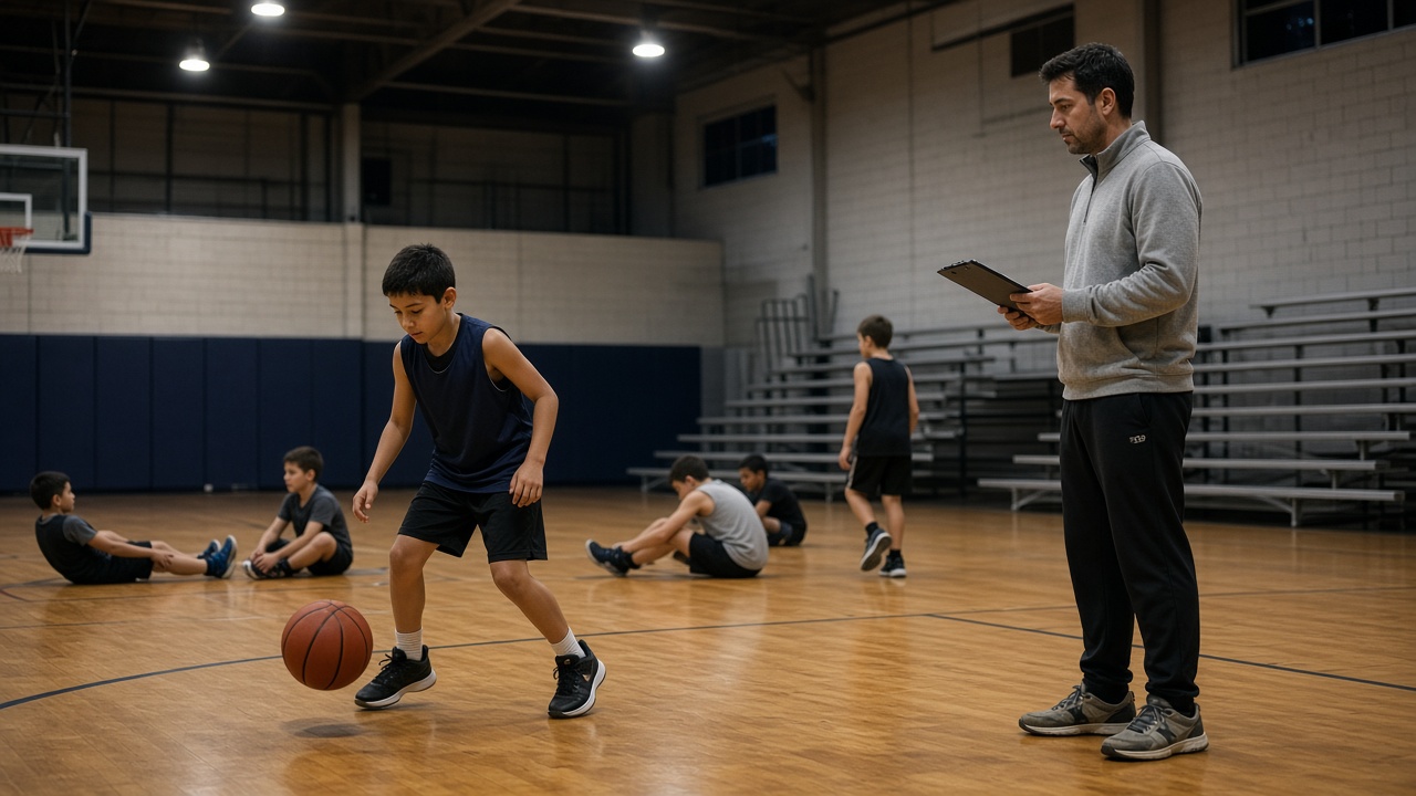 A youth basketball player dribbling on a gym floor while a volunteer coach holds a clipboard on the baseline