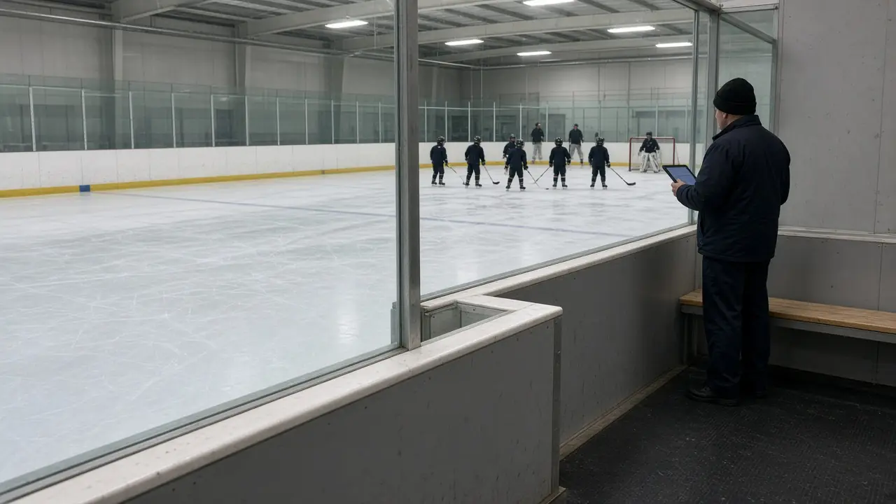 Two ice pads in a community rink, with one house team warming up and the other sheet empty