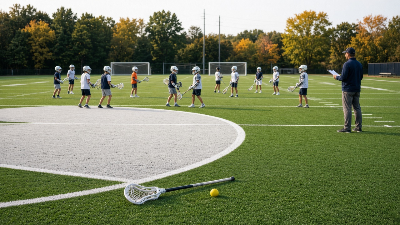 Kids warming up on a rec turf field with lacrosse sticks while a volunteer coach checks the night’s field assignment