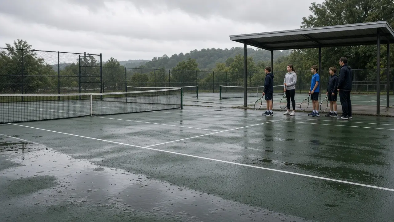 Junior players waiting under a shelter beside wet public tennis courts after a rain delay